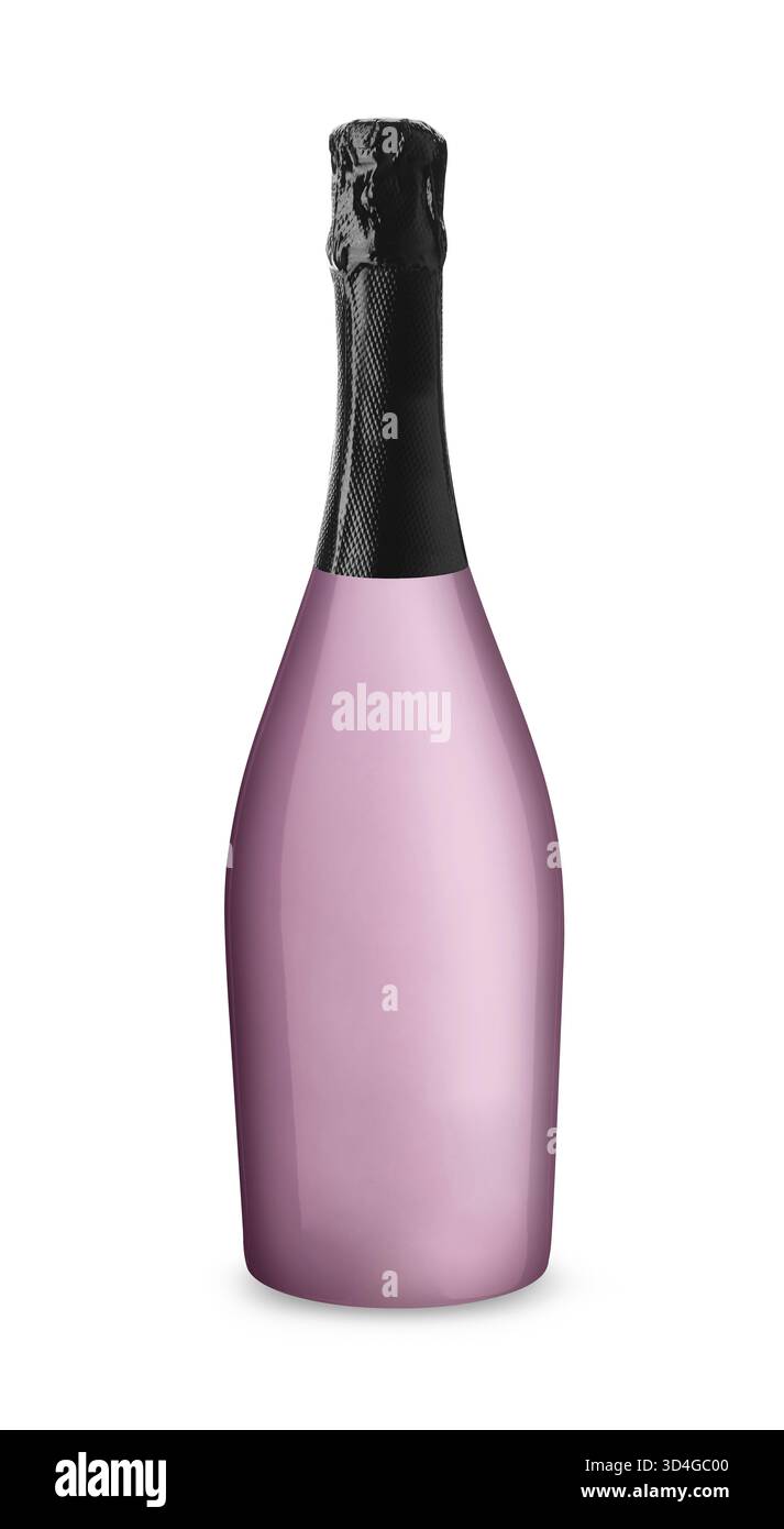 Essen, elegante rosafarbene Champagnerflasche mit schwarzem Foliendeckel, isoliert auf weißem Hintergrund Stockfoto