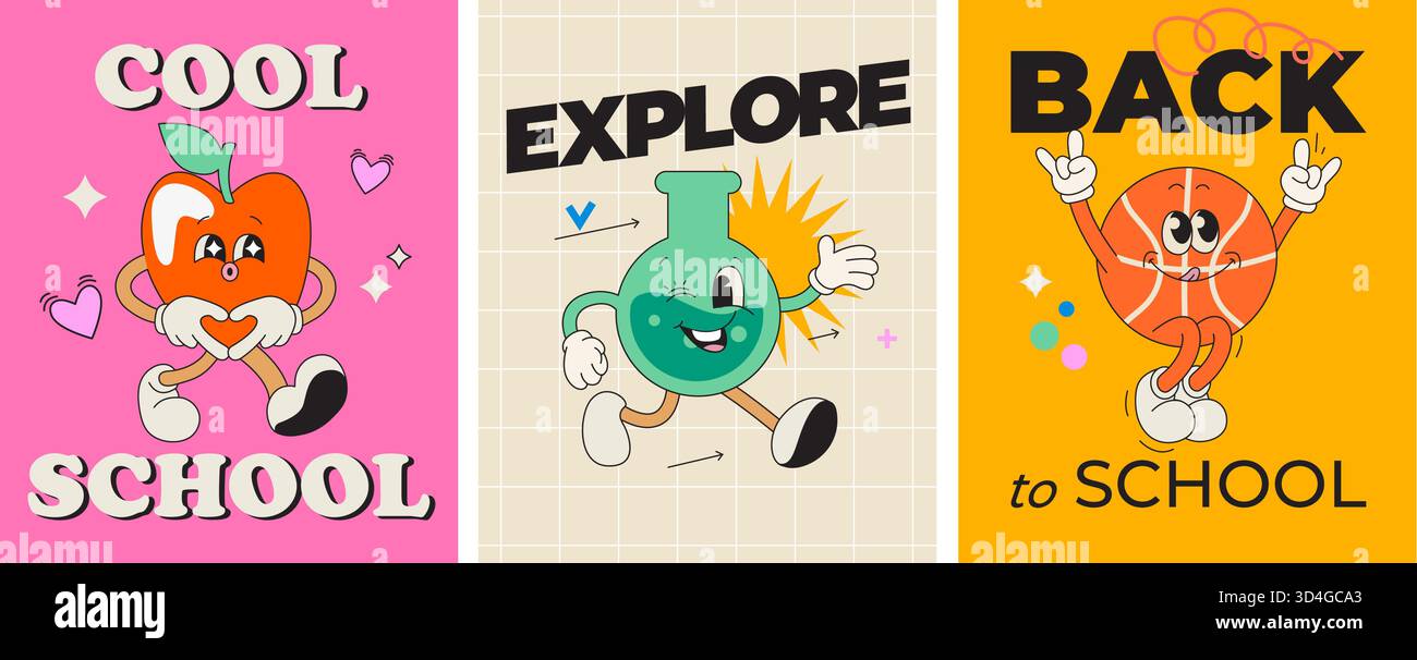 Setzen Sie helle Karten mit Kawaii-Figuren aus Schulmaterial. Flask, Ball, Apfelfiguren mit glücklichem Gesicht, süße Comic-Charaktere, Willkommen zurück in die Schule Konzept.coole Schule zum Lernen, Sport, Entdecken. Vektor Stock Vektor