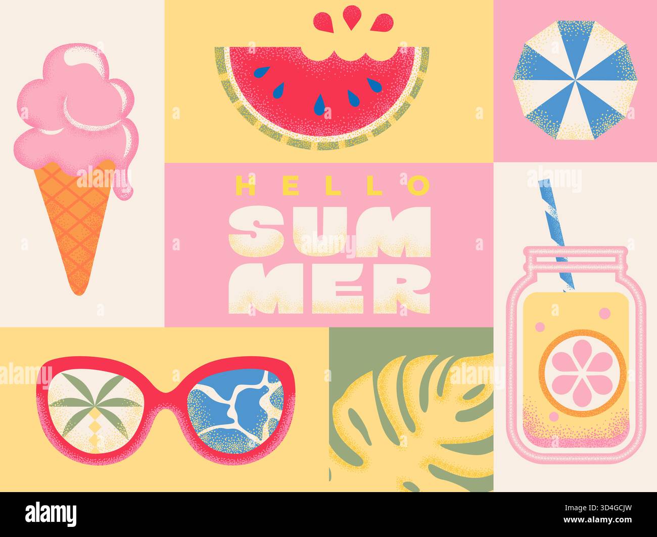Retro-Sommerbanner mit strukturierten Symbolen für die heiße Jahreszeit – Eis, Wassermelone, Limonade, Sonnenbrille und tropisches Blatt. Vorlage für Poster, Cover, Web, Marketing und Druck. Vektorabbildung. Stock Vektor