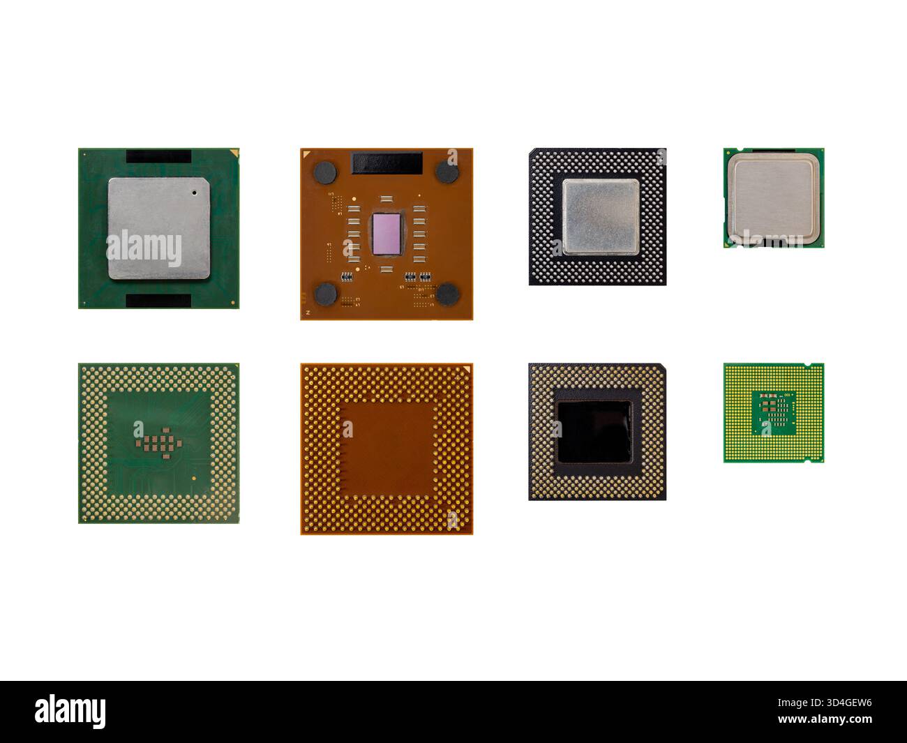 Sammlung verschiedener Computerprozessor-Chips auf weißem Hintergrund, die verschiedene cpu-Typen, Architekturen und Hardware der modernen Technologie zeigen Stockfoto