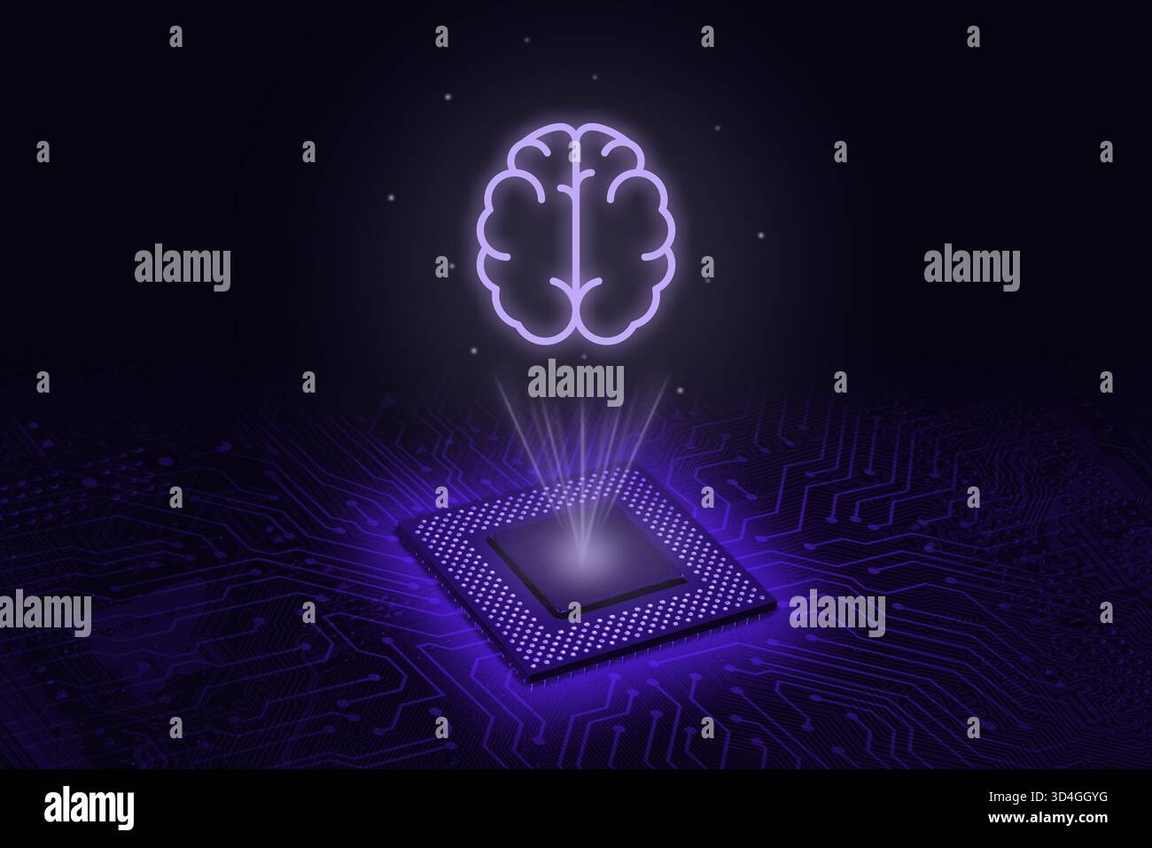 Futuristischer Prozessorchip mit leuchtendem Brain-Hologramm über der Leiterplatte, das künstliche Intelligenz, Datenverarbeitung, Innovation und Fortschritt symbolisiert Stockfoto