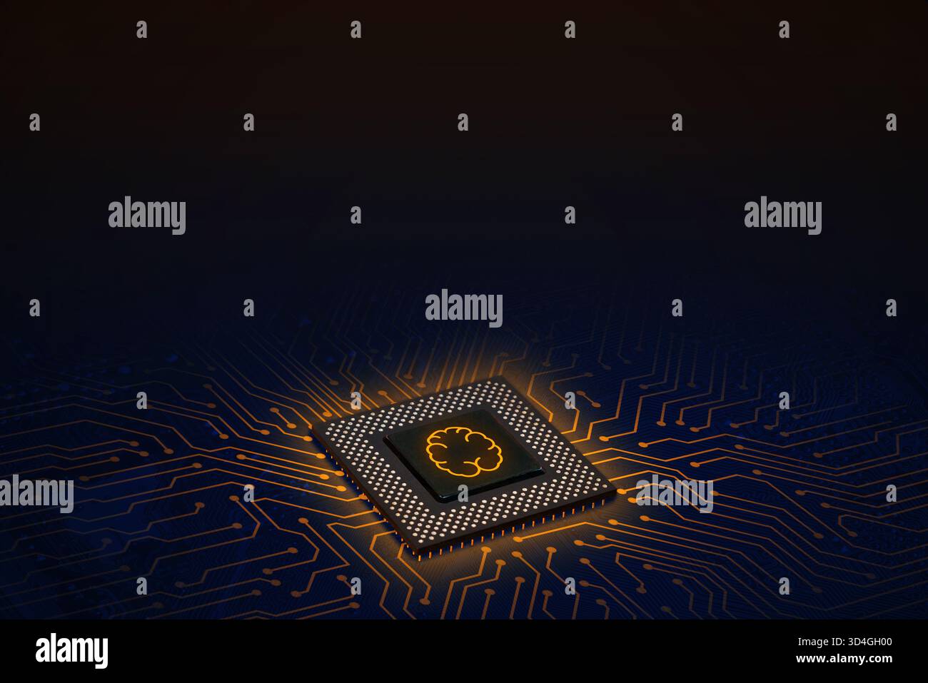 Künstliches Intelligenzkonzept mit leuchtendem orangenem Hirnsymbol auf Prozessorchip, das maschinelles Lernen, Innovation und futuristisches Computin repräsentiert Stockfoto