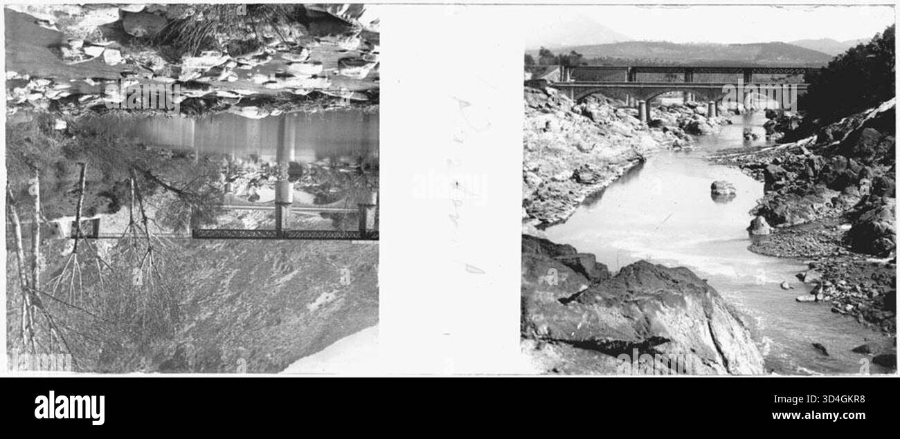 Diese beiden Bilder von Josep Maria Armengol i Bas, die zwischen 1899 und 1910 aufgenommen wurden, zeigen Brücken über den Fluss Ter in der Nähe des Pasteral-Stausees und heben die Struktur und die natürliche Umgebung hervor. Stockfoto