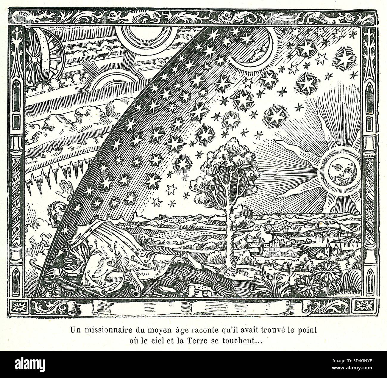 Dieses Bild ist der „Flammarion-Stich“, ein Holzstich, der erstmals 1888 in Camille Flammarions Buch L'Atmosphère: Météorologie Populaire (die Atmosphäre: Popular Meteorology) erschien – das Bild zeigt einen als Pilger gekleideten Mann, der durch einen Bruch in der Himmelssphäre gekrochen ist, um das „wunderbare Reich“ dahinter zu sehen. Stockfoto