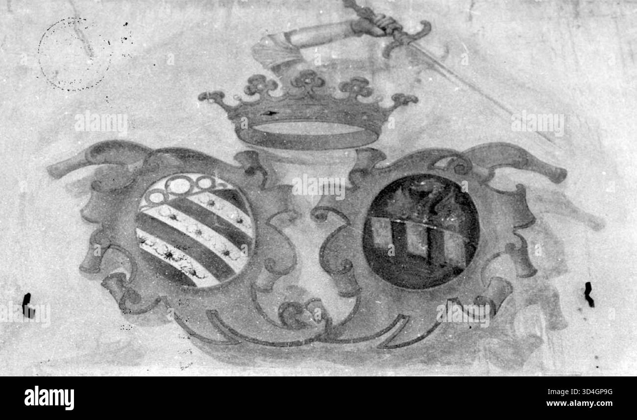 Ein Wappen, das die vereinigung der Familien Boncompagni Ludovisi und Brandolini d’Adda darstellt, mit komplizierten Mustern, die typisch für edle italienische Linien sind. Stockfoto