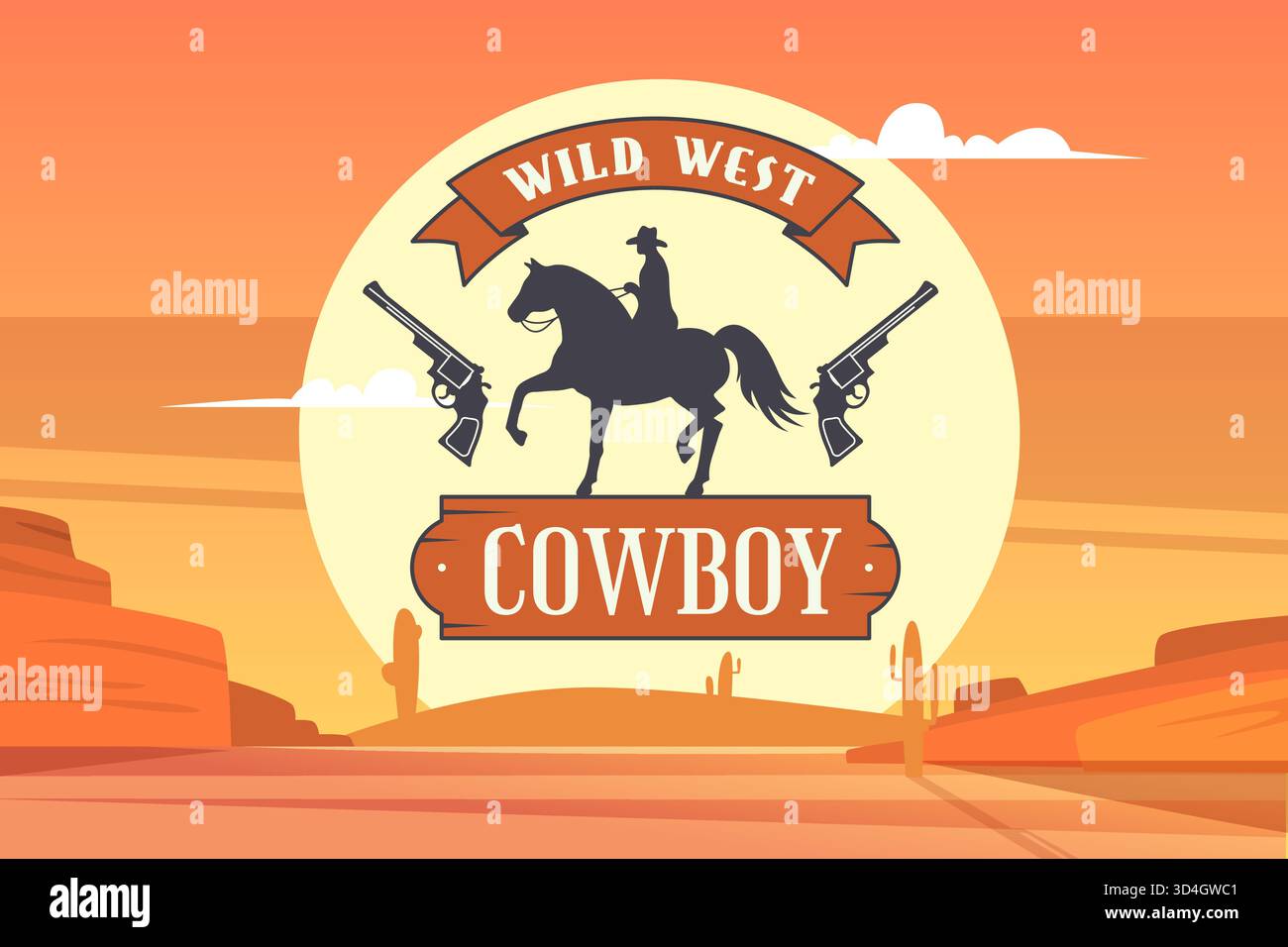 Cowboys. Poster mit Vorlage aus dem Wilden Westen mit Cowboy, der auf einem Original-Kunstwerk sitzt Stock Vektor