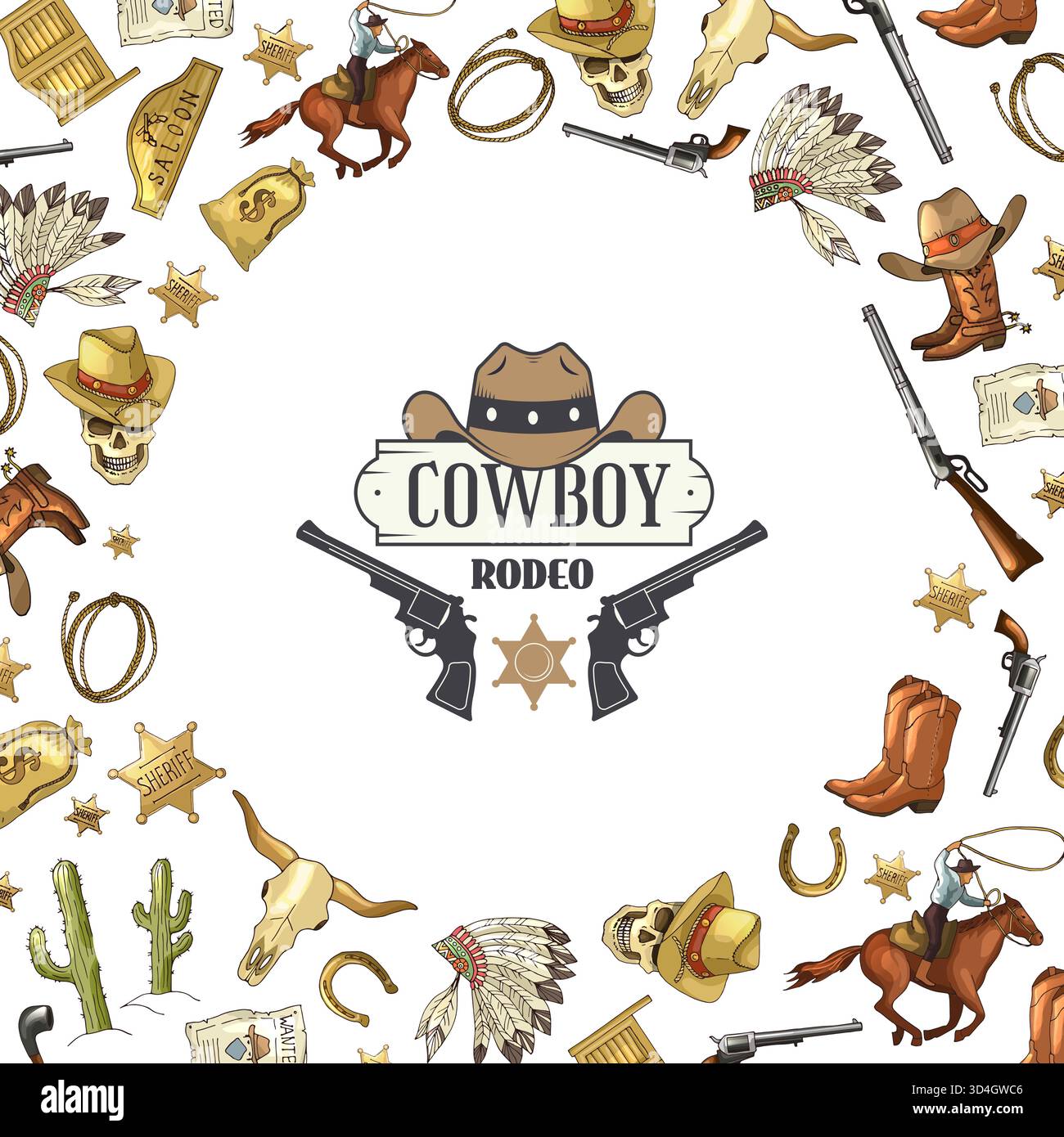 Cowboys-Poster. rodeo und authentische Artikel des Wilden Westens. Vektorplakat in kreisförmiger Form Originalvorlage Stock Vektor