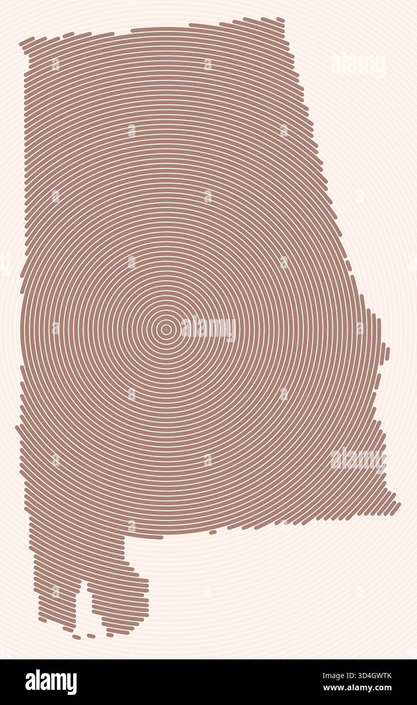 Alabama-Ringe. Statuskarte, die aus gestapelten Kreisen gebildet wird. Alabama-Begrenzungsform. Klassische Vektorillustration. Stock Vektor