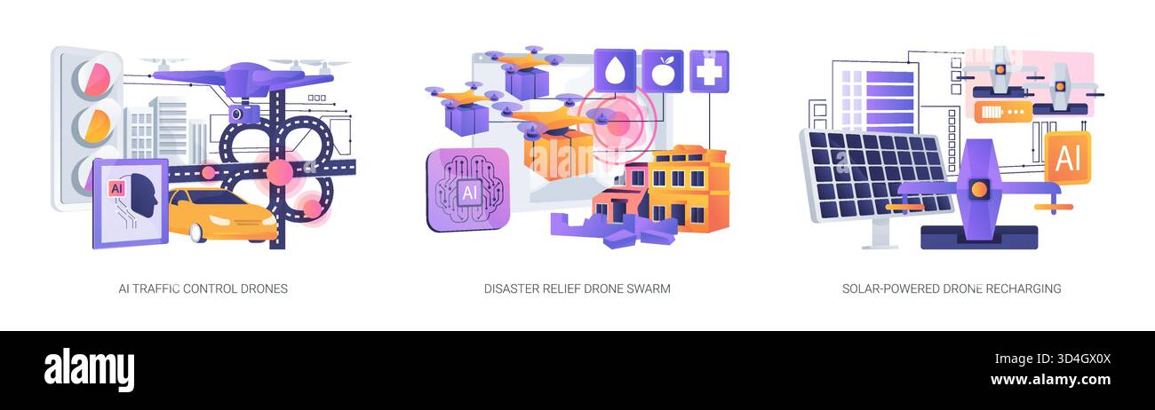 KI-gesteuerte autonome Drohnenlösungen abstrakte Konzeptvektorillustrationen. Stock Vektor