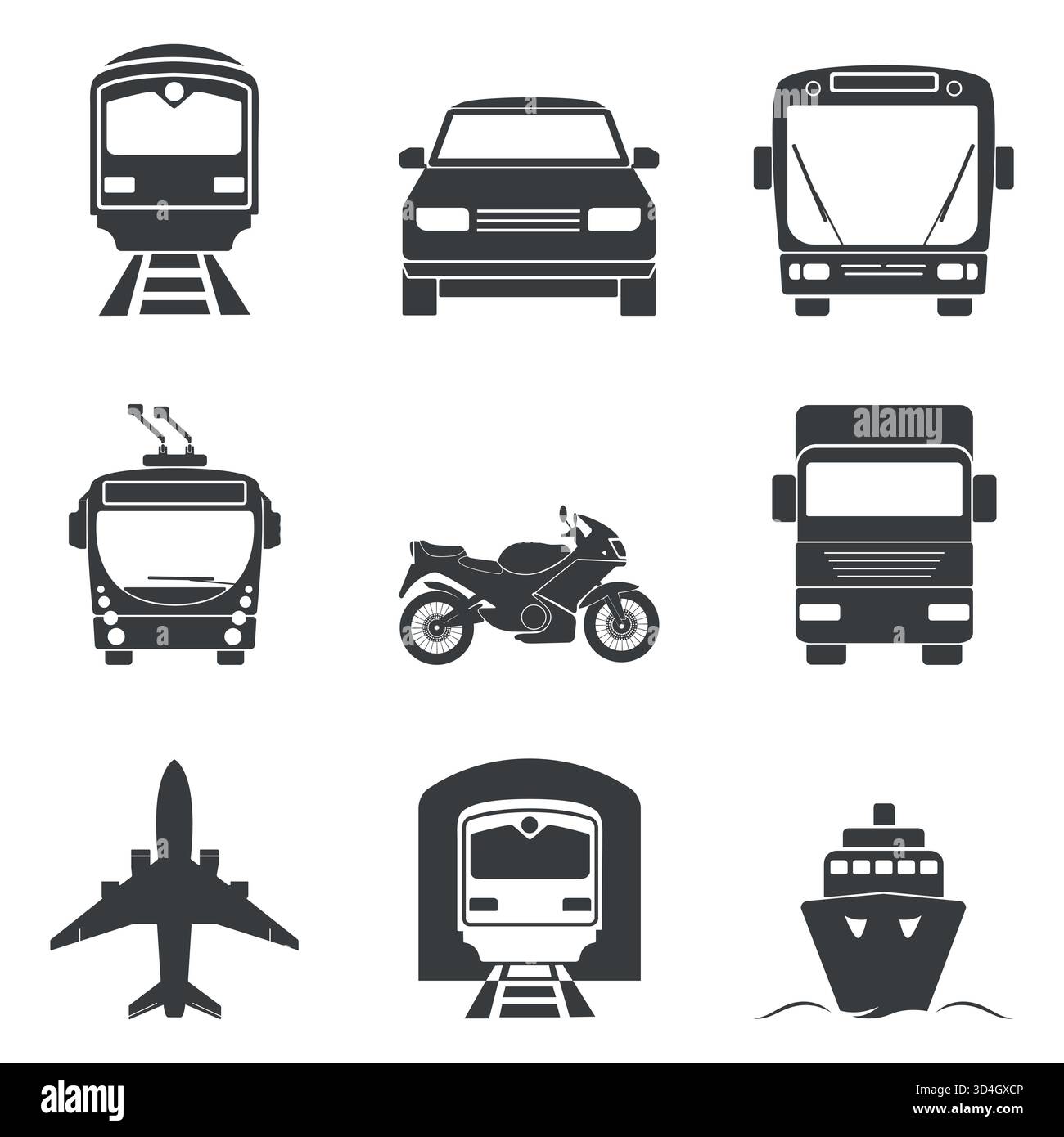 Transportsymbole Festgelegt. Vektor-Sammlung von Silhouetten für den Transport. Auto, Bus, Zug, Flugzeug, Motorrad, Lkw, Schiff, Metro, Straßenbahn. Schwarz Minimal Stock Vektor
