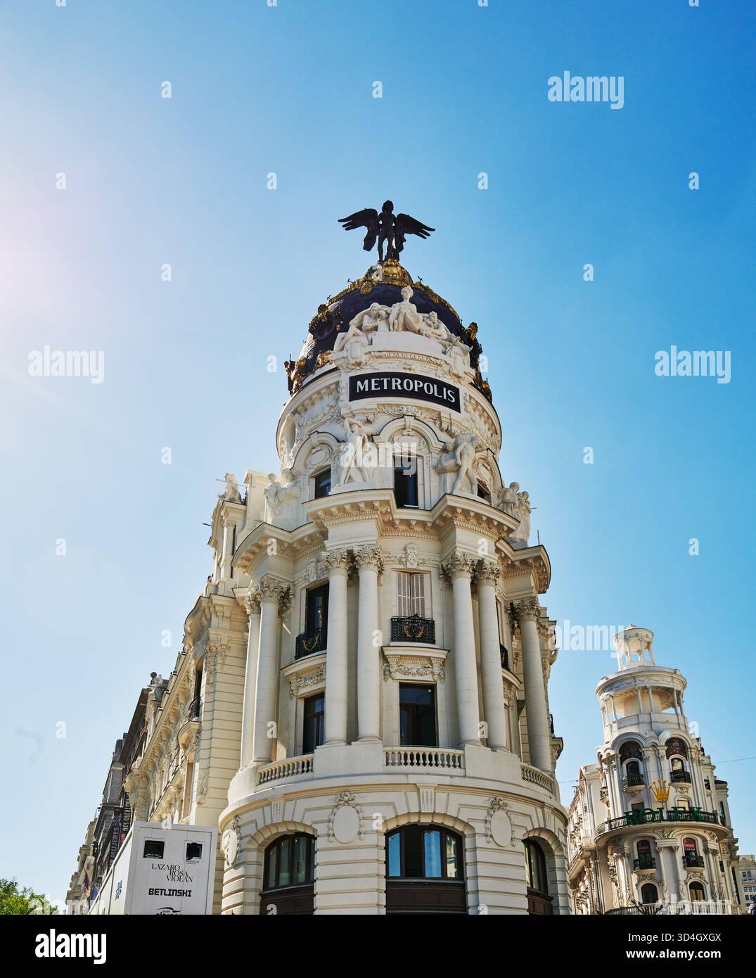 Detail des Metropolis-Gebäudes in Madrid, Spanien, Europa Stockfoto