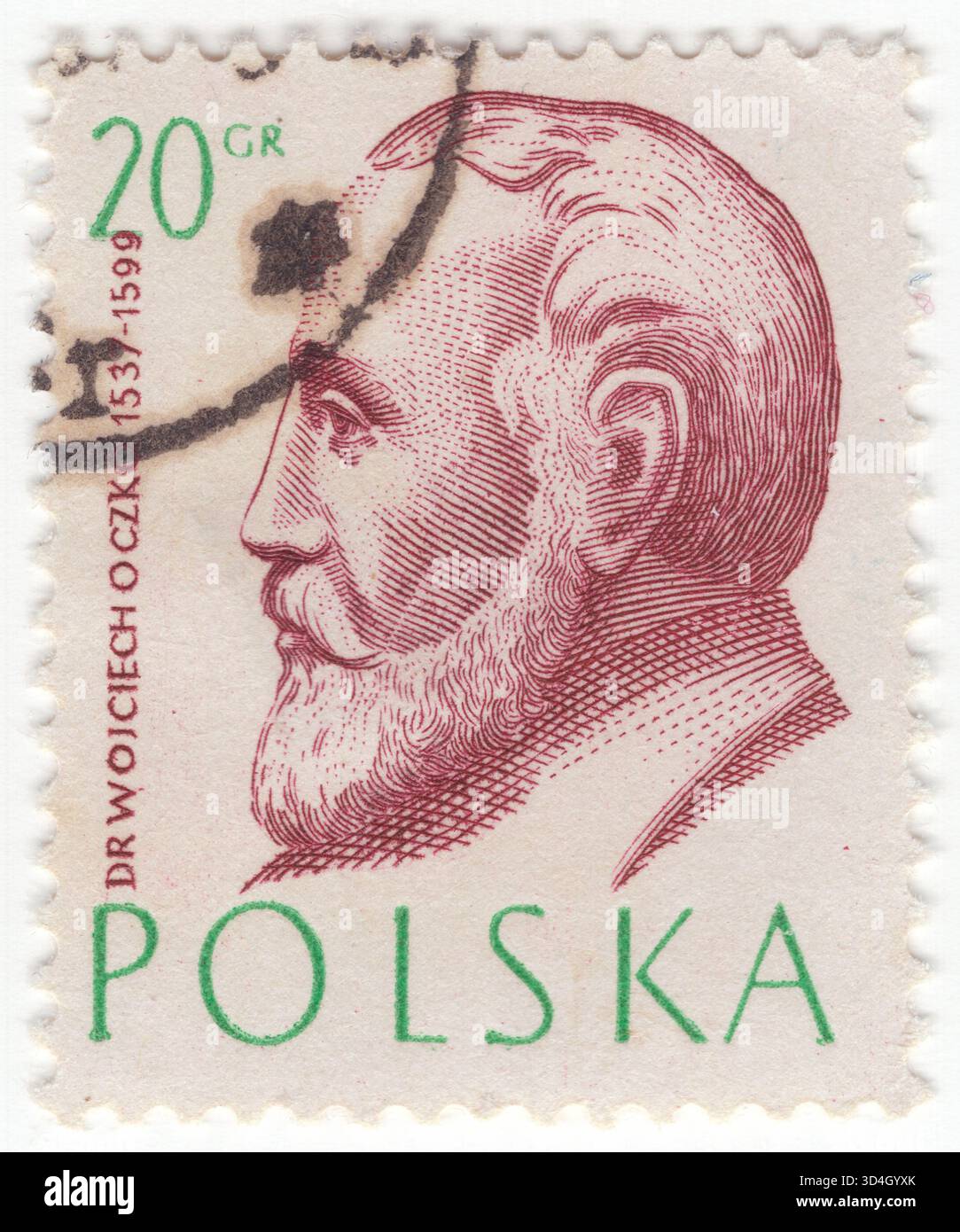 POLEN — 27. April 1957: 20 grosz Smaragd- und dunkelrot-Briefmarke mit Porträt des Doktors Wojciech Oczko (auch bekannt als Ocellus) (1537, Warschau – 26. Dezember 1599 Lublin) – Philosoph, Arzt, königlicher Sekretär von König Sigismund II. Augustus und Hofarzt der Könige Sigismund II. Augustus, Stephan Báthory und Sigismund III. Vasa. Als einer der Gründer der polnischen Medizin war er ein medizinischer Schriftsteller, der Syphilis und heiße Quellen studierte Stockfoto