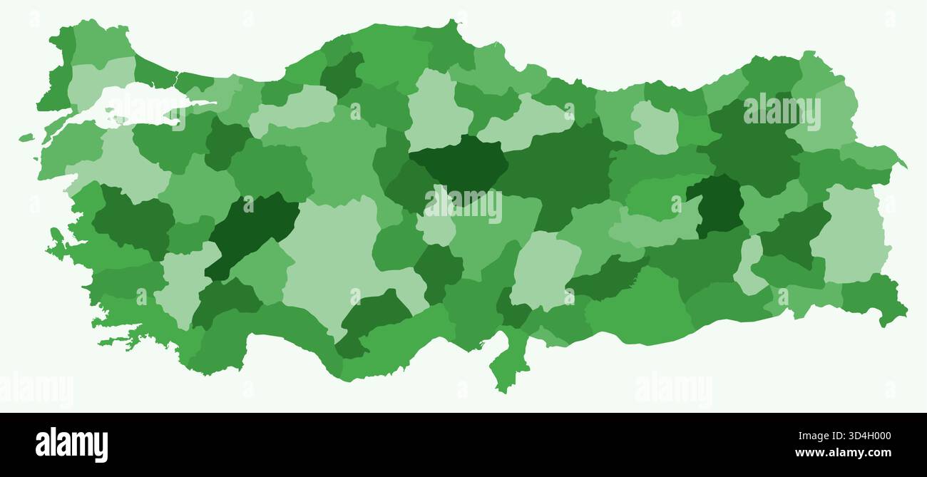 Karte der Türkei mit Regionen. Nur eine einfache Ländergrenzkarte mit regionaler Aufteilung. Grüne Farbpalette. Stock Vektor
