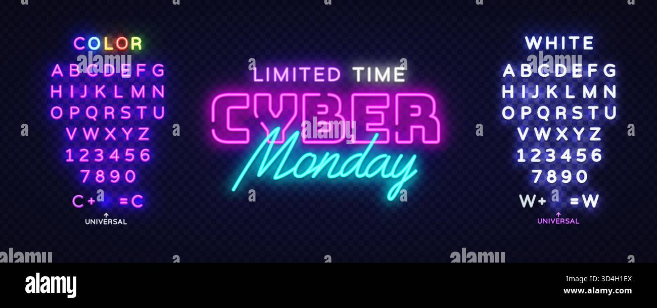 Leuchtendes, zeitlich begrenztes Cyber Monday-Schild mit bearbeitbaren Neonbuchstaben und -Zahlen, ideal für dringende Werbebanner und Marketinggrafiken. Vektor Stock Vektor