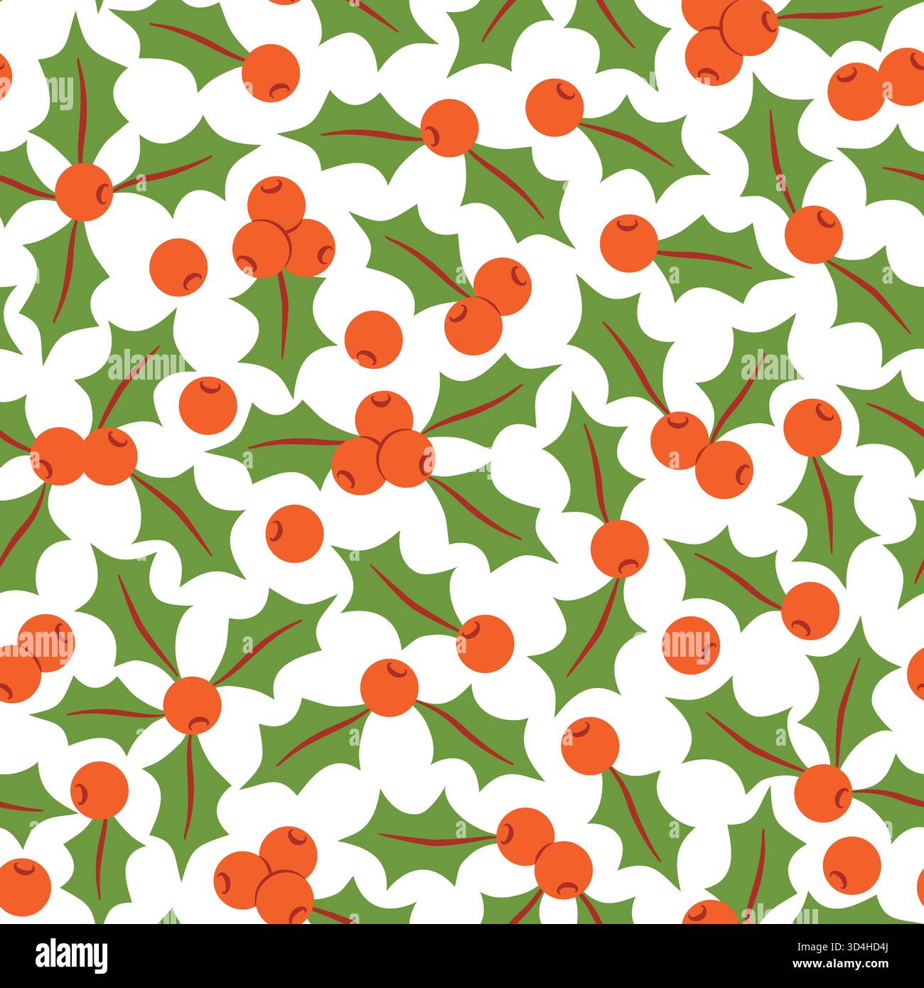 Nahtloses Muster aus stechpalmenblättern und roten Beeren. Flache Winterferien wiederholen auf weißem Hintergrund für Verpackungspapier, Verpackung, festliche Designs Stock Vektor
