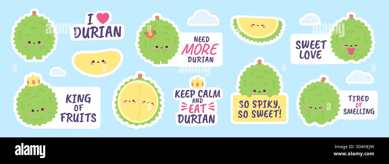 Durianische Fruchtfiguren. Lustige positive Aufkleber mit exotischem Rohkost und Text. King of Fruits, asiatische vegane Pflanzenzutat. Dessert auf Pflanzenbasis, rac Stock Vektor