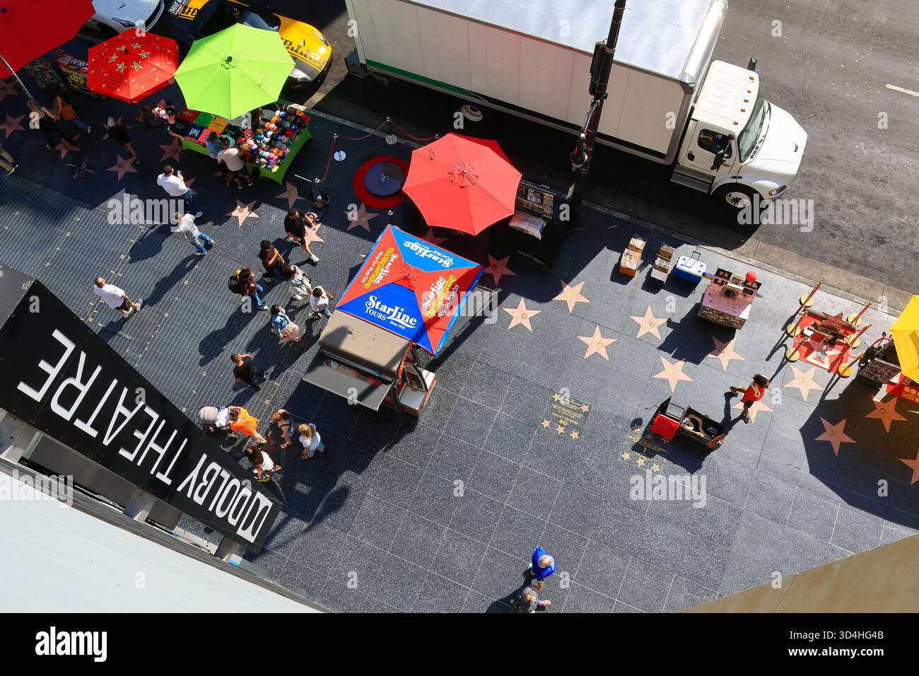 Blick auf den Hollywood Walk of Fame von der Terrasse des Dolby Theatre Stockfoto