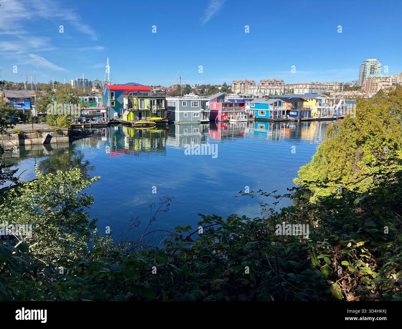 Farbenfrohe schwimmende Häuser am Fisherman's Wharf, die sich an einem sonnigen Tag in Victoria, British Columbia, Kanada, in ruhigen Gewässern spiegeln. - Smartphone-aufgenommenes Stockfoto