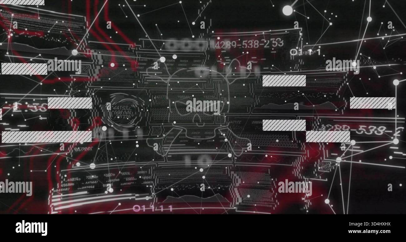 Anzeige weißer Skull-and-Crossbone-Glyphe auf der Cyber-Benutzeroberfläche, Anzeige von Schaltkurven und numerischen Zeichenfolgen Stockfoto