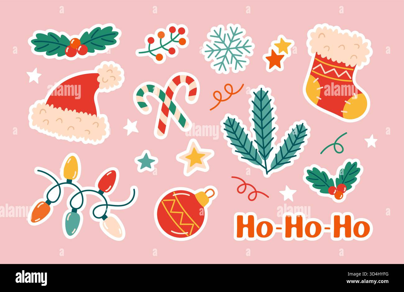 Niedliches Weihnachtssticker-Set. Handgezeichneter trendiger flacher Stil. Weihnachtsmütze, Strumpf, Zuckerrohr, Ornamente, Schneeflocke, und Lichter. Perfekt für Weihnachtskarten, Dekorationen und digitale Designs. Vektorabbildung Stock Vektor