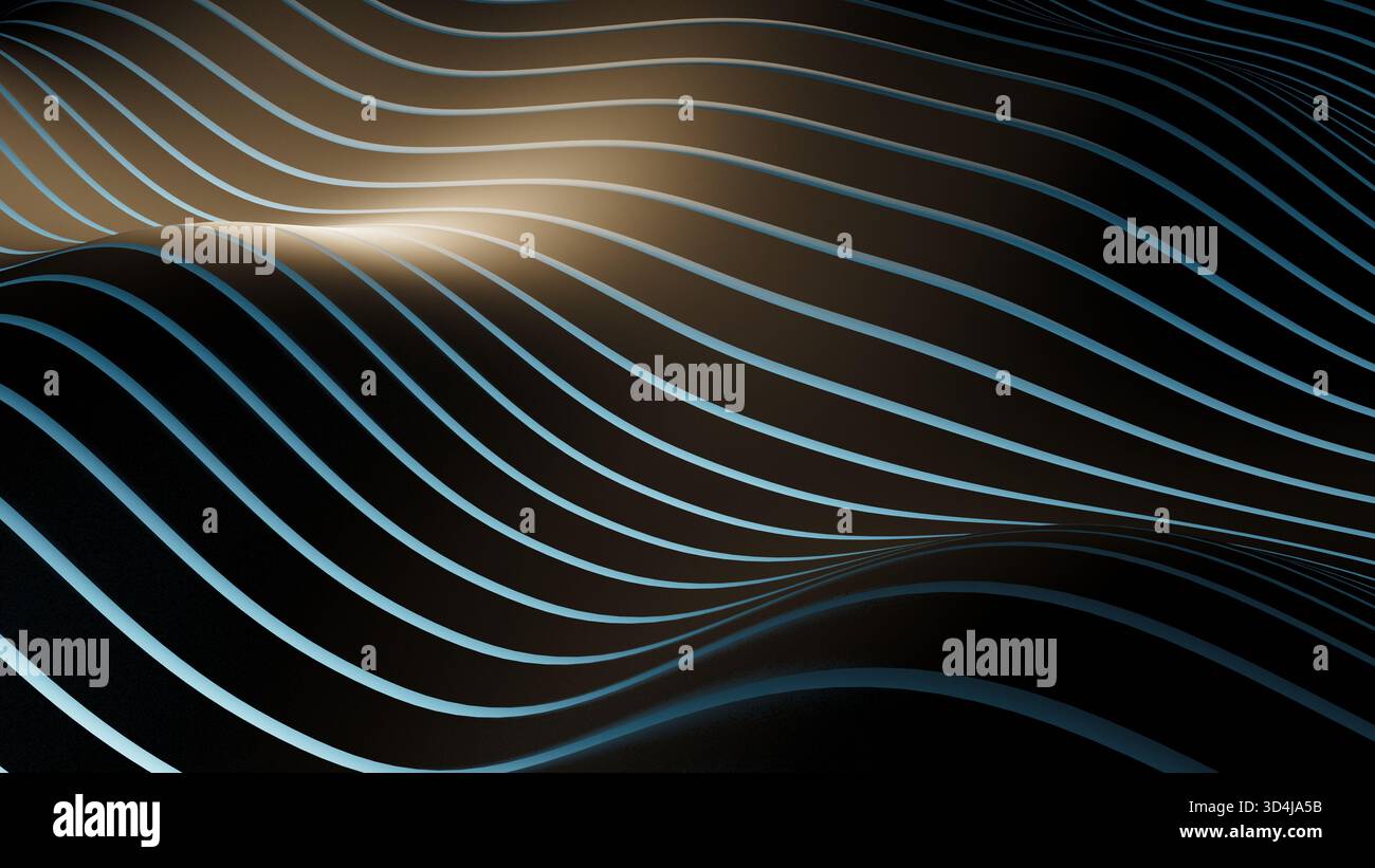Abstrakter dunkler Hintergrund mit fließenden Wellenlinien. Blaues und goldfarbenes Licht auf gekrümmter Oberfläche. 3D-Rendering Stockfoto