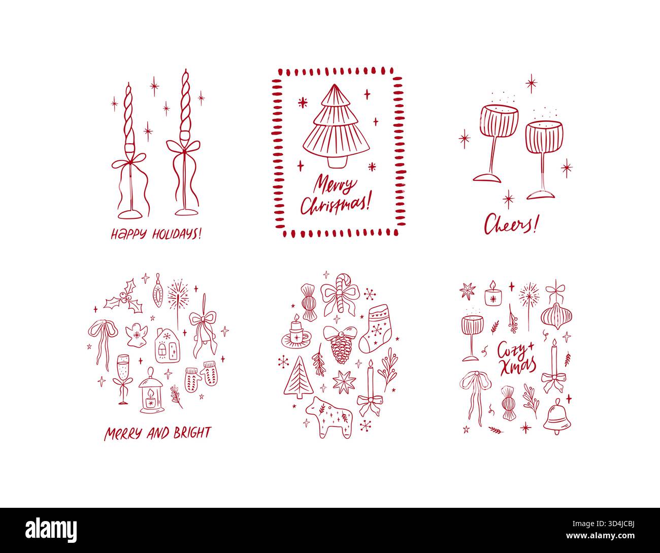 Handgezeichneter Weihnachtsgrußkarten-Set Stock Vektor