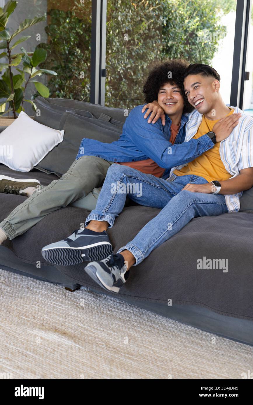 Zwei Männer umarmen sich auf einem grauen Sofa im Wohnzimmer, mit Topfpflanzen Stockfoto