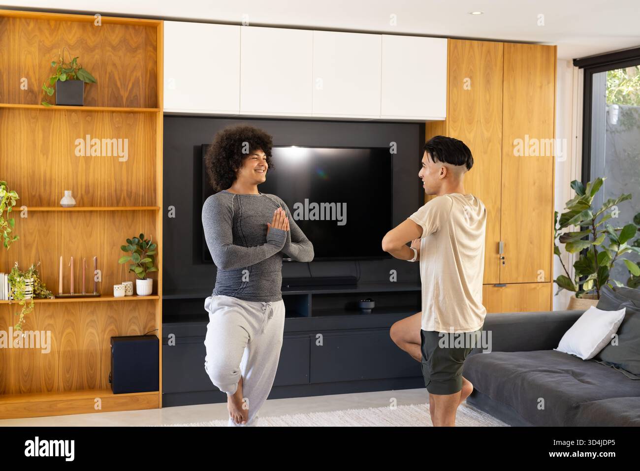 Ausbalancieren verschiedener männlicher Freunde mit Baumpositionen im Wohnzimmer, mit TV und Topfpflanzen Stockfoto