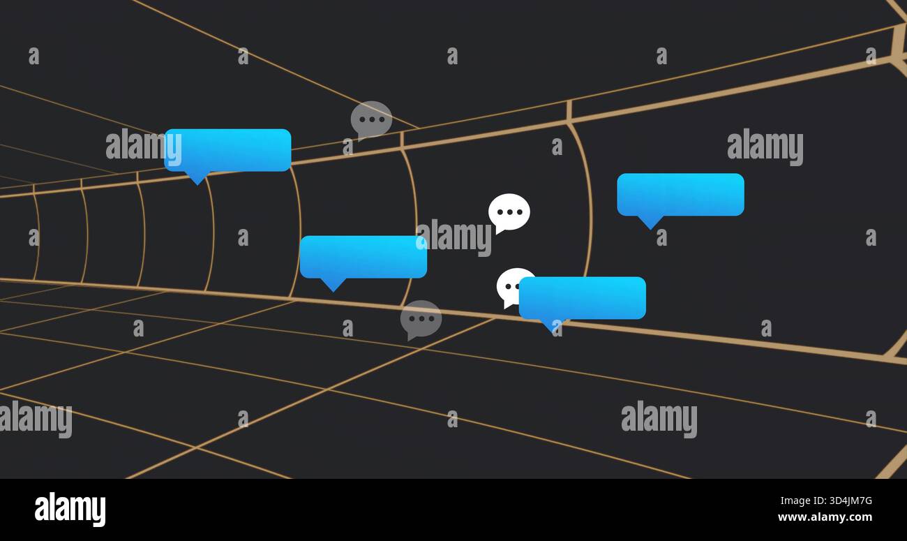 Schwebende blaue Chat-Blasen und weiß-graue Symbole, die sich in den goldenen VR-Gittertunnel-Fluchtpunkt zurückziehen Stockfoto