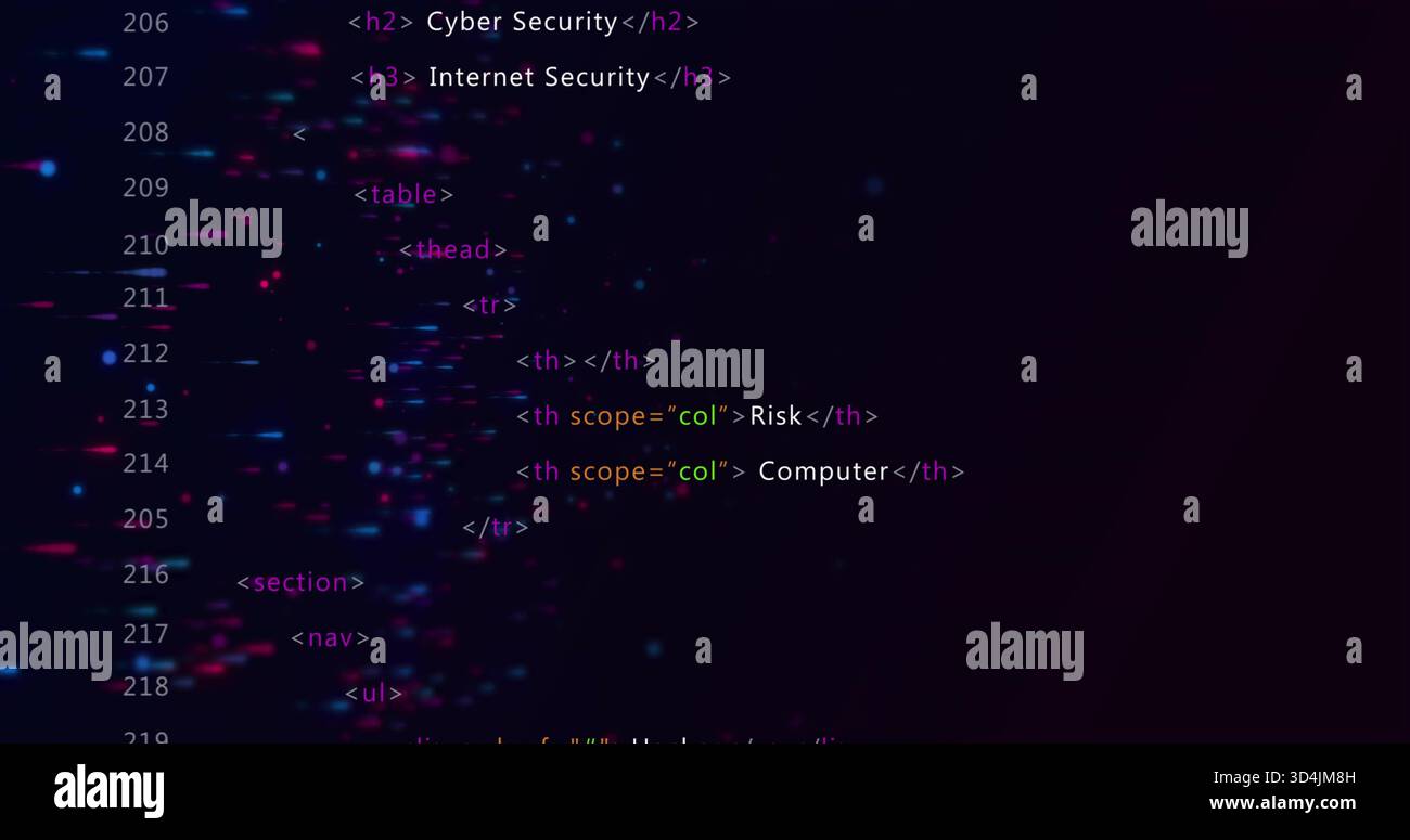 Anzeige von Syntax-hervorgehobenem HTML-Codeblock auf Monitor mit Zeilennummern 206-219, Neonstreifen Stockfoto