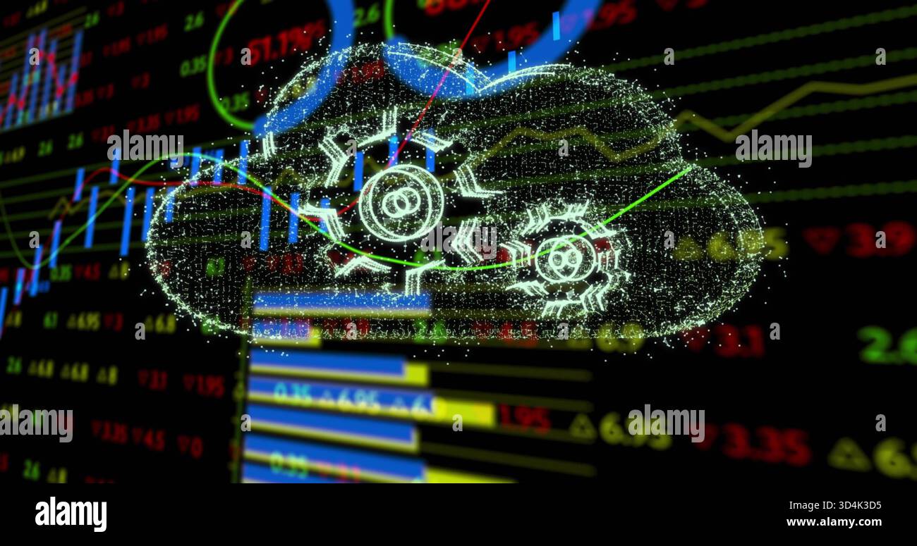 Schwebende Partikelwolke mit zwei Zahnradsymbolen, die über dem dunklen Trading-Dashboard mit Diagrammen zeigen Stockfoto
