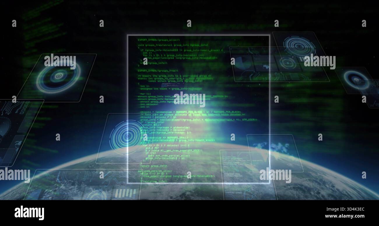 Projizierender holographischer Bildschirm mit grünem Code über den Horizont der Erde, mit HUD-Panels Stockfoto