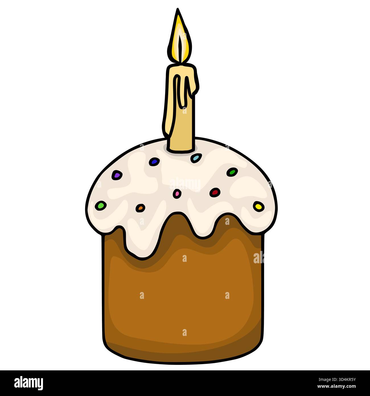 Eine bezaubernde Vektor-Illustration eines dekorierten Ostertortes mit einer beleuchteten Kerze, in einem einfachen, handgezeichneten Stil. Stock Vektor