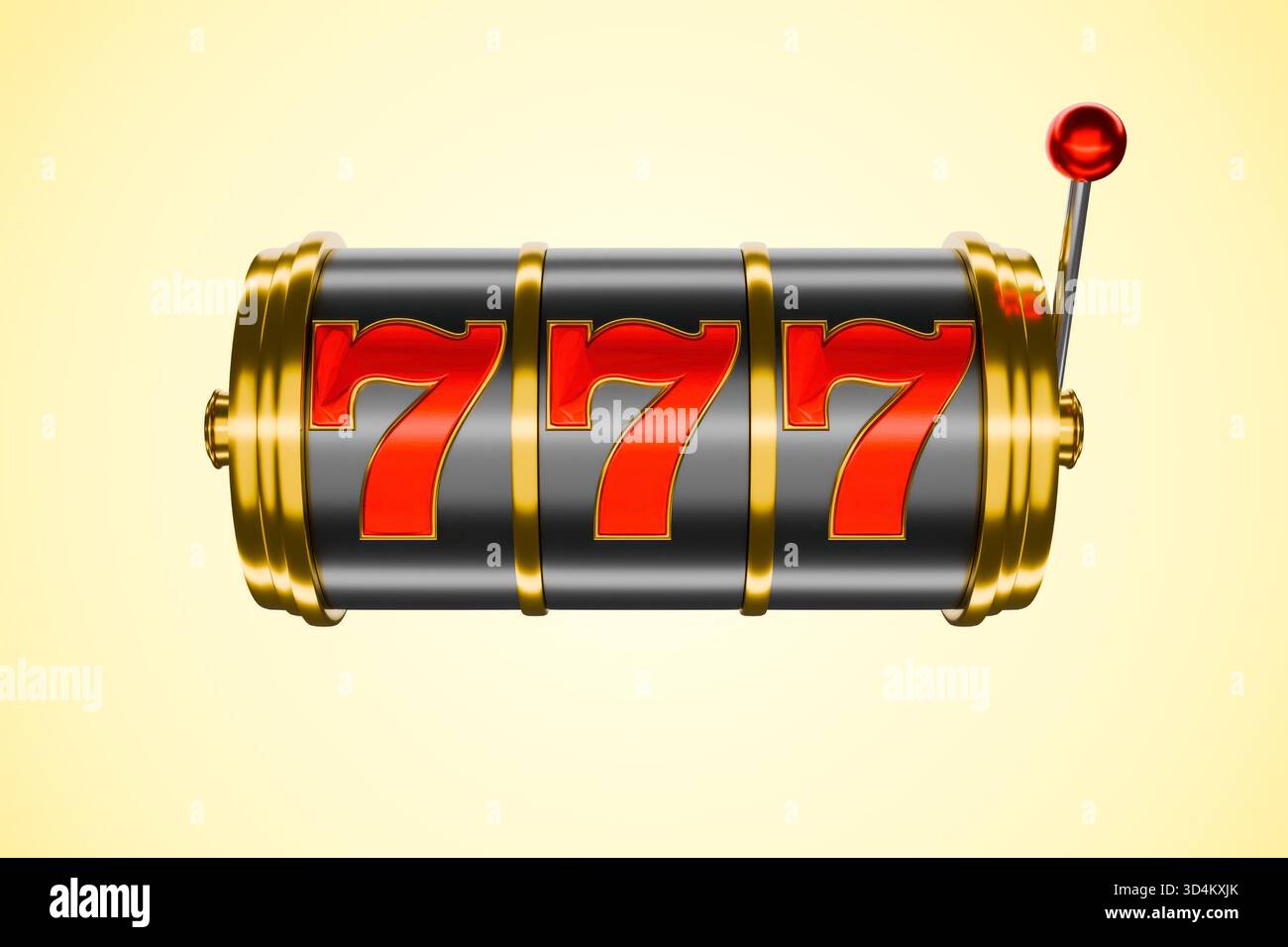 Die Walzen des Spielautomaten haben mit der Gewinnkombination von drei Siebenten aufgehört Stockfoto