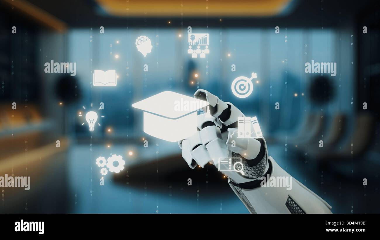 Eine Roboterhand greift zu digitalen Bildungsträgern, die die Schnittstelle von Technologie und Lernen in einer modernen Bildungsumgebung darstellen Stockfoto
