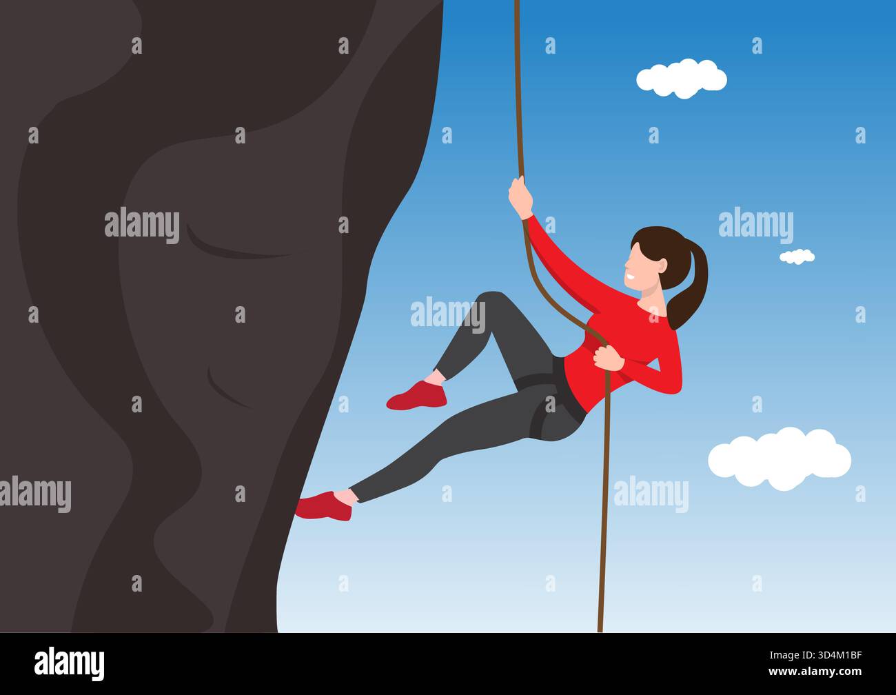 Mädchen klettern auf den Felsen tapfere Frau klettern den Berg mit einem Seil. Der Begriff der mentalen Herausforderung. Illustration des flachen Vektordesigns Stock Vektor