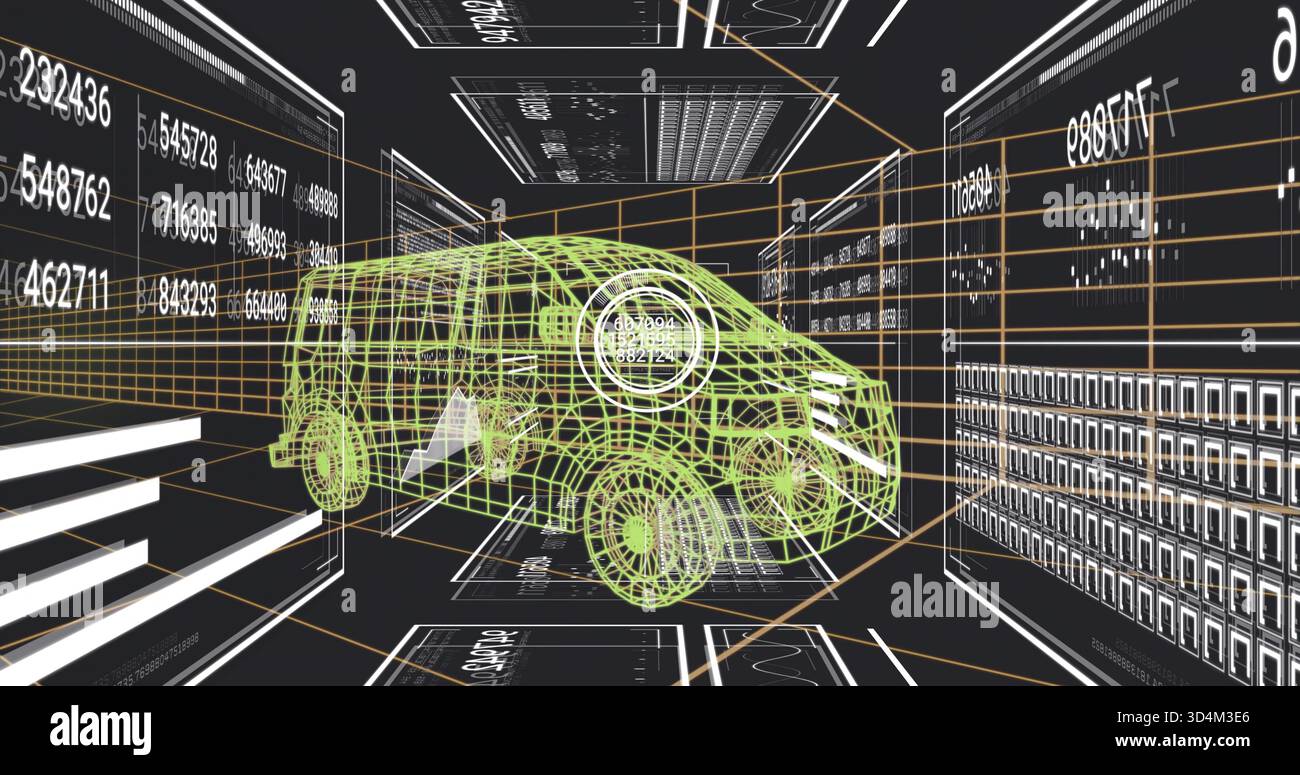 Rendering von Neon-grünem Drahtmodell im 3D-Konstruktionslabor zentriert mit HUD, Panels und orangefarbenem Raster Stockfoto