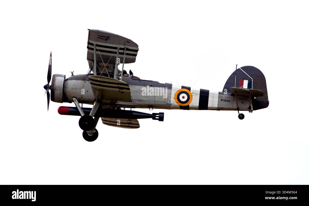 Close-up von Fairy Swordfish Mk1 (W5856), ausgestellt auf der Battle of Britain Air Show, IWM Duxford, 2025 Stockfoto