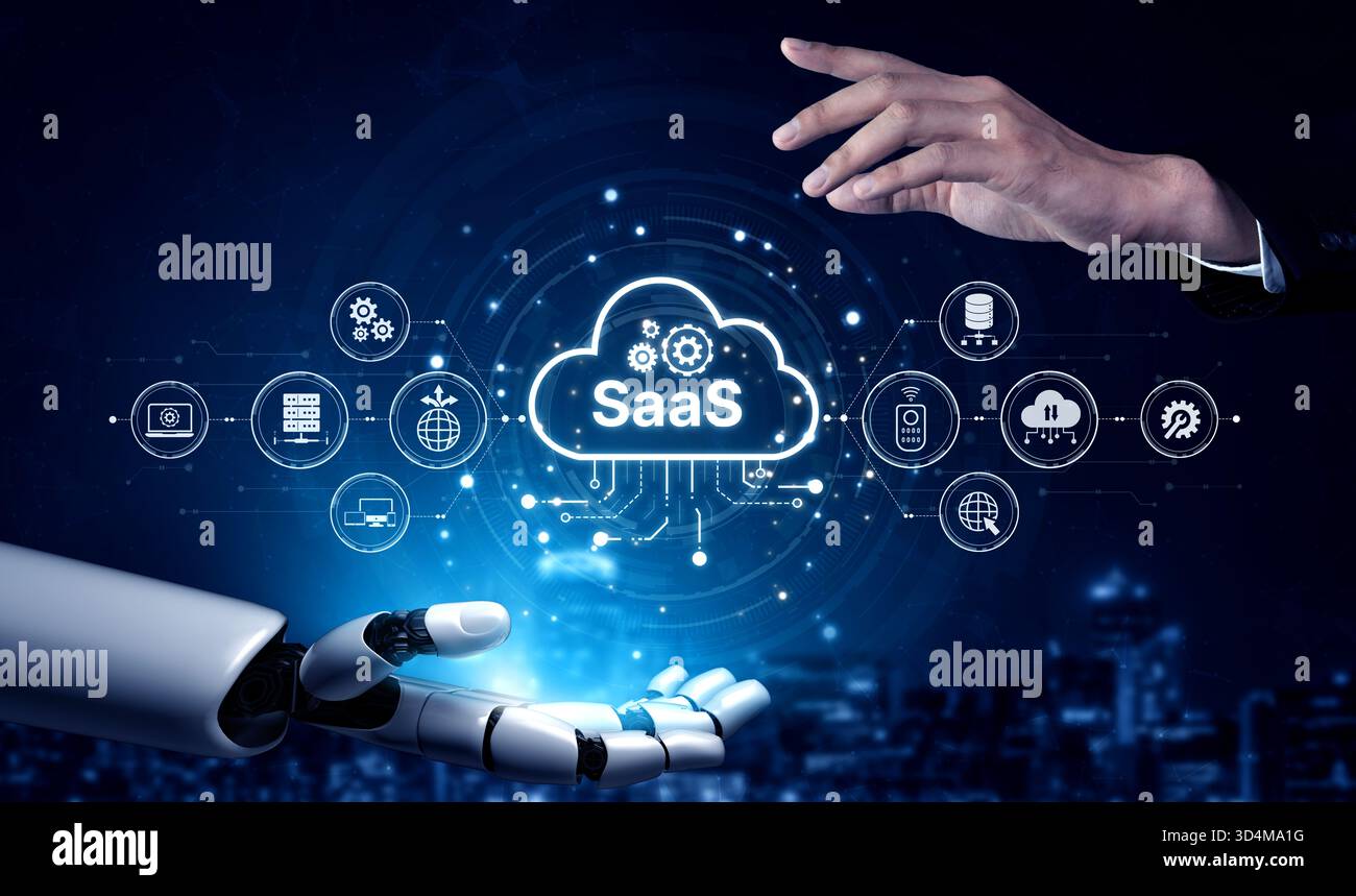 KI unterstützt SaaS-Plattformen mit intelligenter Infrastruktur, automatisierter Bereitstellung und intelligenten Integrationstools in Cloud-basierten digitalen Umgebungen Stockfoto