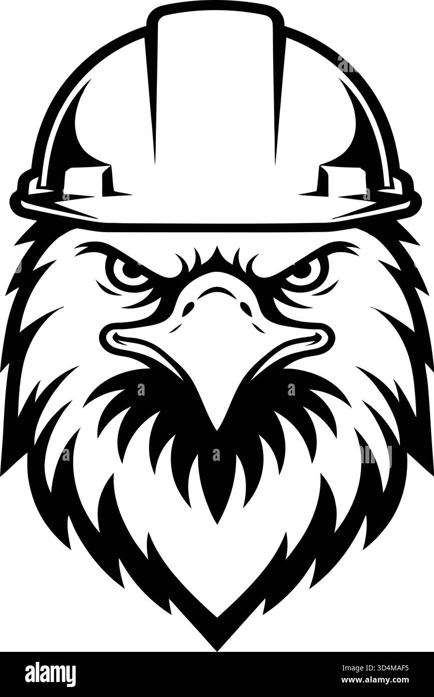 Eine starke schwarz-weiße Vektor-Illustration eines Adlers, der einen Bauhelm trägt. Das Gesicht des wilden Adlers ist mit scharfen Linien und Details gezeichnet Stock Vektor