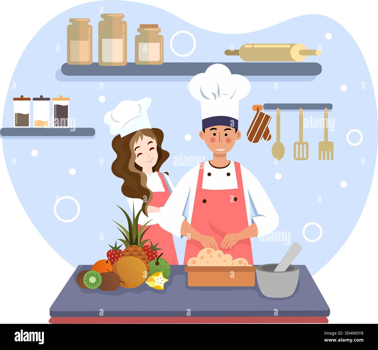 Familie kochender Mann, der Eine Frau kocht, steht und lächelt, um sie zu ermutigen. Vektorabbildung Stock Vektor