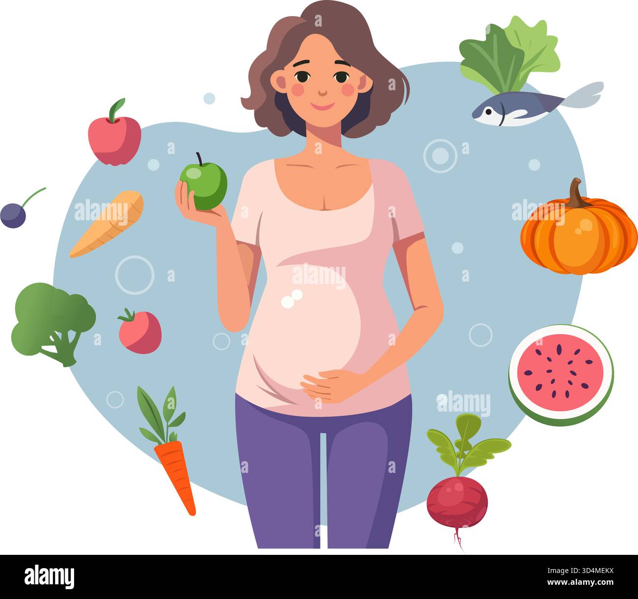 Eine Illustration einer lächelnden schwangeren Frau, die einen Apfel hält und von verschiedenen gesunden Lebensmitteln wie Obst, Gemüse und Fisch umgeben ist. Die Bildwiedergabe Stock Vektor