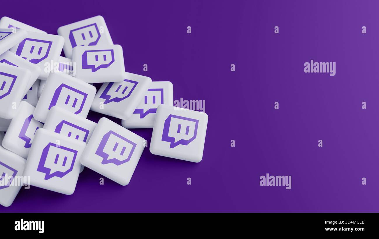Logo des Video-Live-Streaming-Dienstes Twitch in einem großen Stapel auf violettem Hintergrund mit Kopierfläche als Kopfzeile für Webbanner Stockfoto