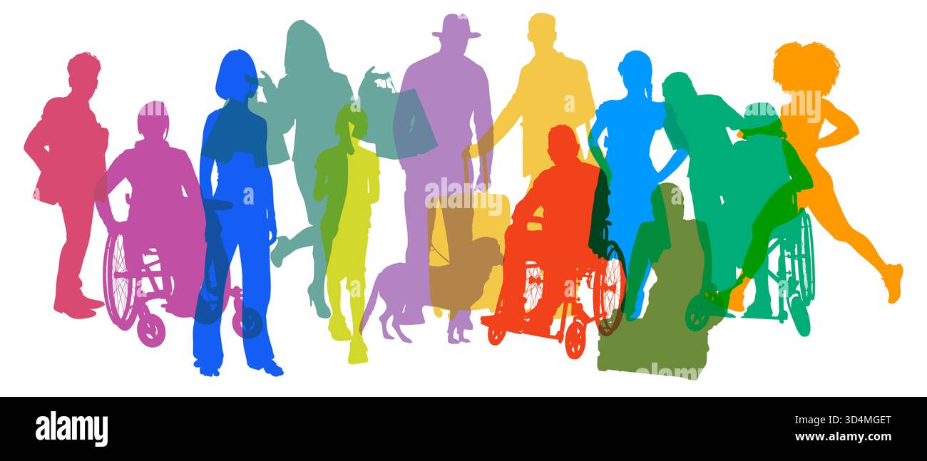 Panorama monochromer Silhouetten von Menschen verschiedener Generationen in Freizeit und Arbeit. Stockfoto