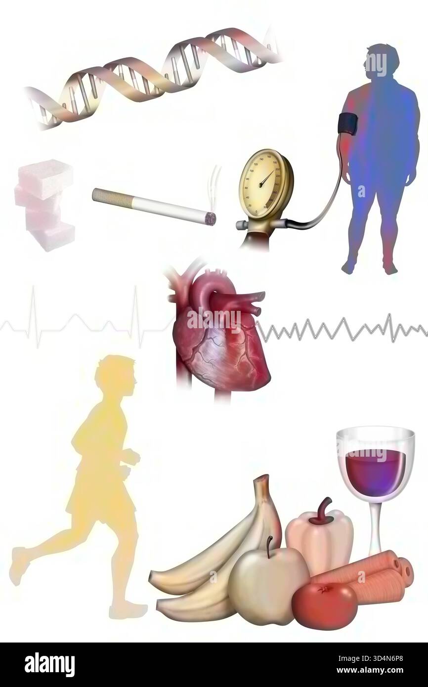 Darstellung kardiovaskulärer Risikofaktoren. Top: Fettleibiger Mann, hoher Blutdruck, Rauchen, Diät mit hohem Zucker oder Diabetes, Vererbung. Hohes Kardiov-Risiko Stockfoto