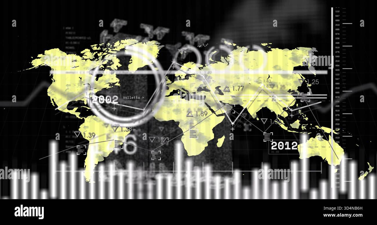 Anzeige des Analyse-Dashboards mit gelber Weltkarte mit kreisförmigem Scan-Ring und Histogramm Stockfoto