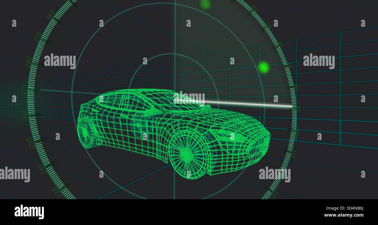 Anzeige neongrüner Drahtmodell-Limousine, die sich im Radar-HUD über 3D-Raster mit Scan-Strahl dreht Stockfoto