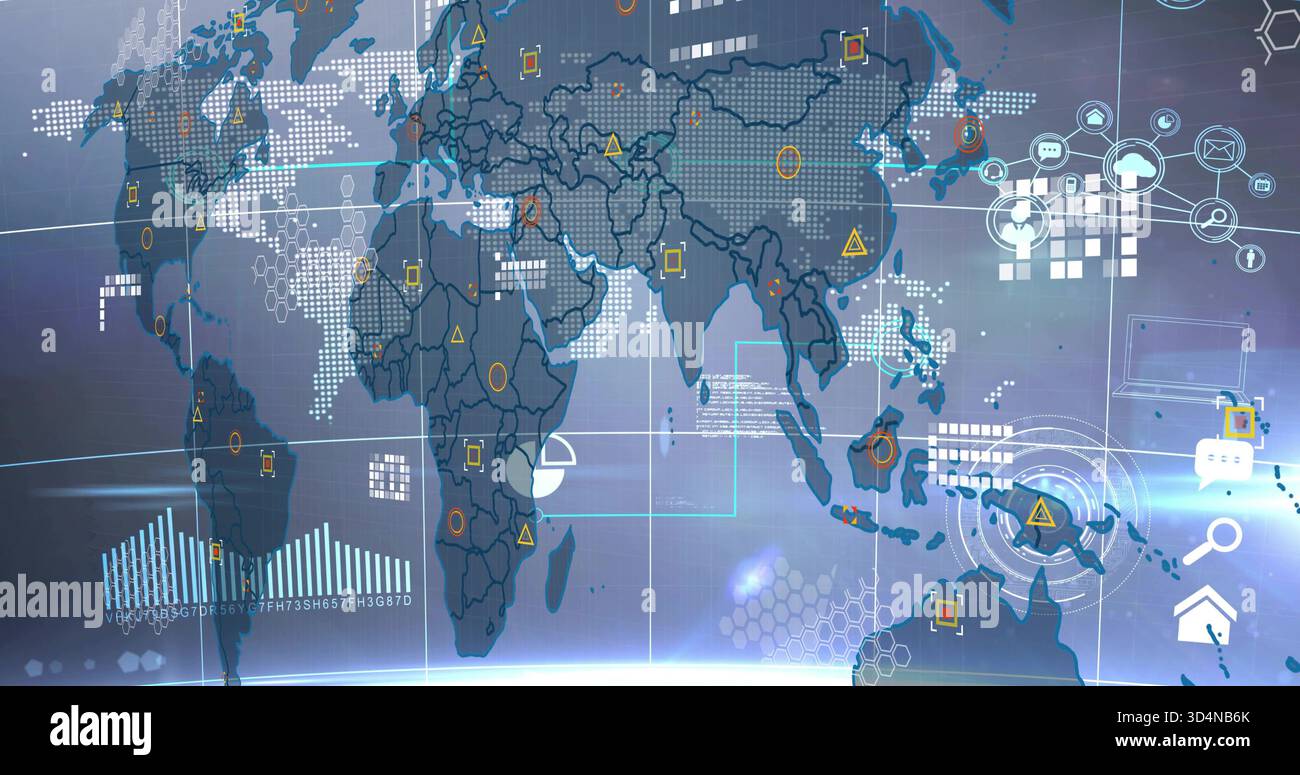 Anzeige einer holografischen digitalen Weltkarte über den Kontrollbildschirm, mit Radarzielen und Daten-Pins Stockfoto