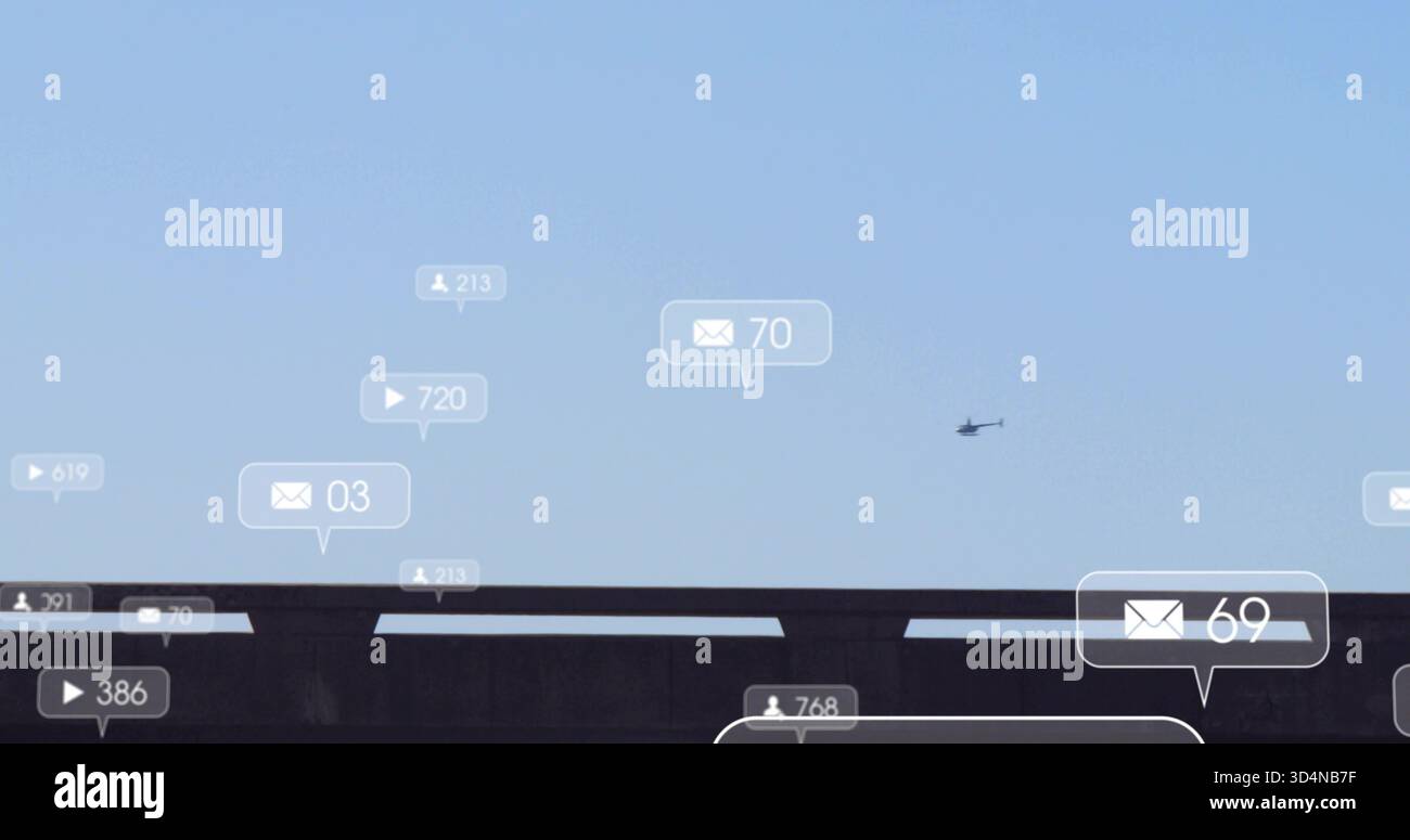 Die Silhouette des fliegenden Hubschraubers schwingt über Betonüberführung mit Lücken und zeigt Warnblasen Stockfoto