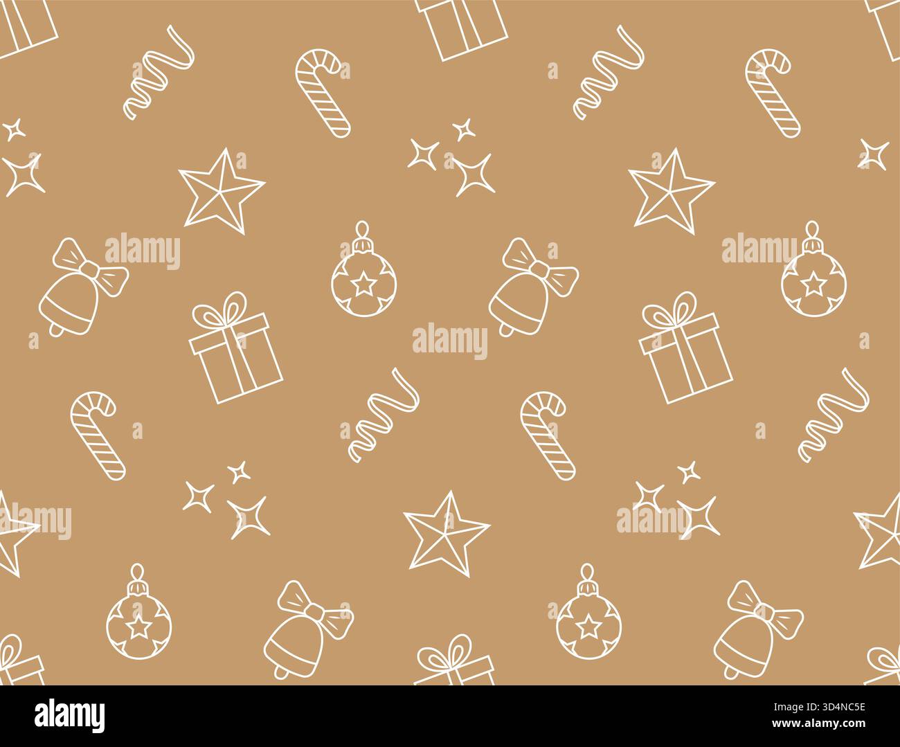 Nahtloses Weihnachtsmuster. Kugeln, gestreifte Bonbons, Sterne, Serpentinen, Glocken im Doodle-Stil. Vektorabbildung in handgezeichnetem Skizzenstil. Stock Vektor